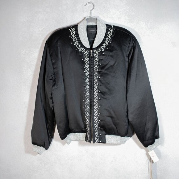 August Silk Jackets & Blazers - AUGUST SILK Womens Beaded Bomber Jacket Silver Rib Trim Long SleeveBlack Size S